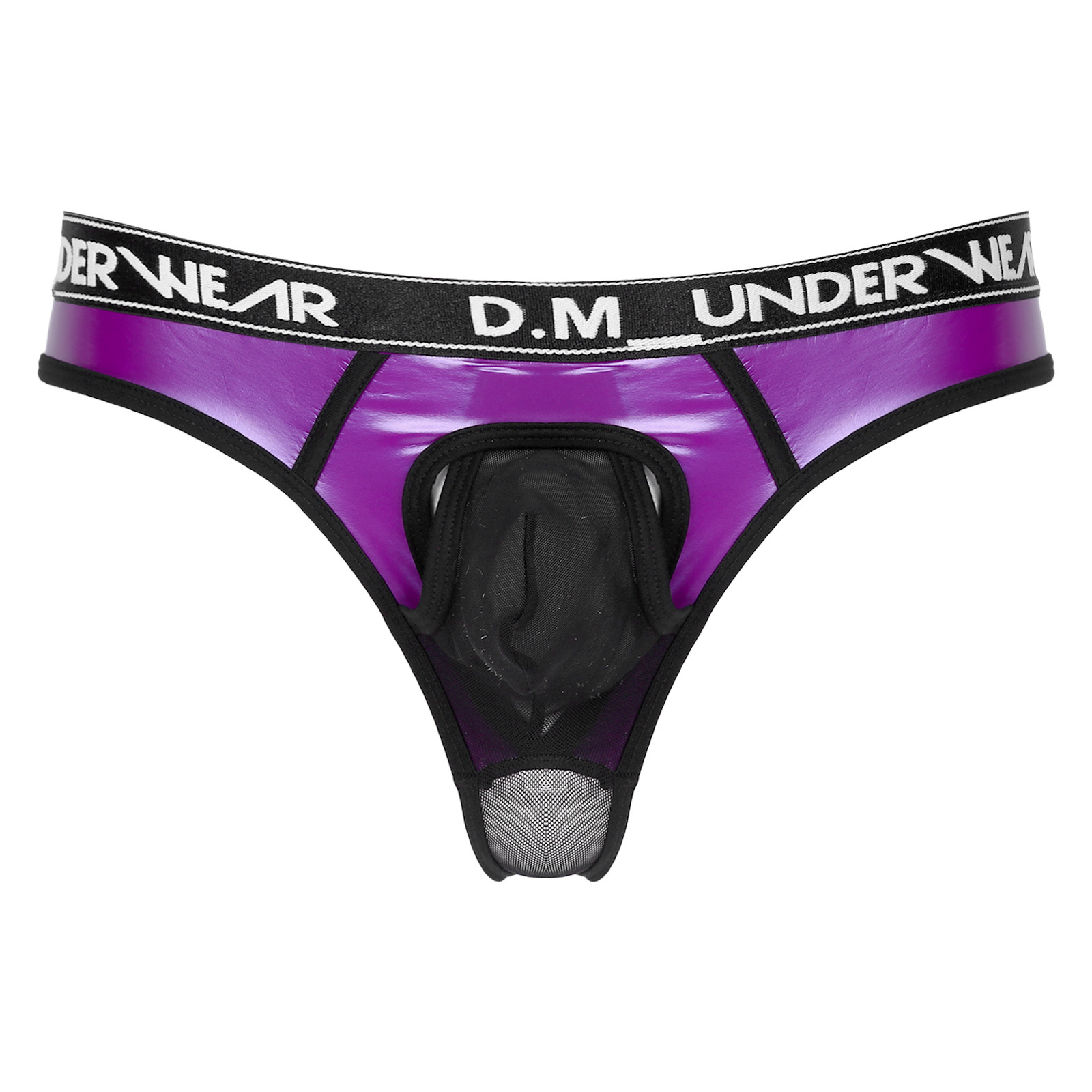 Mens Lingerie Glossy Patent Leather Patchwork Thongs Panties Sexy See-through Mesh Underwear Bulge Pouch  Low Waist Briefs 