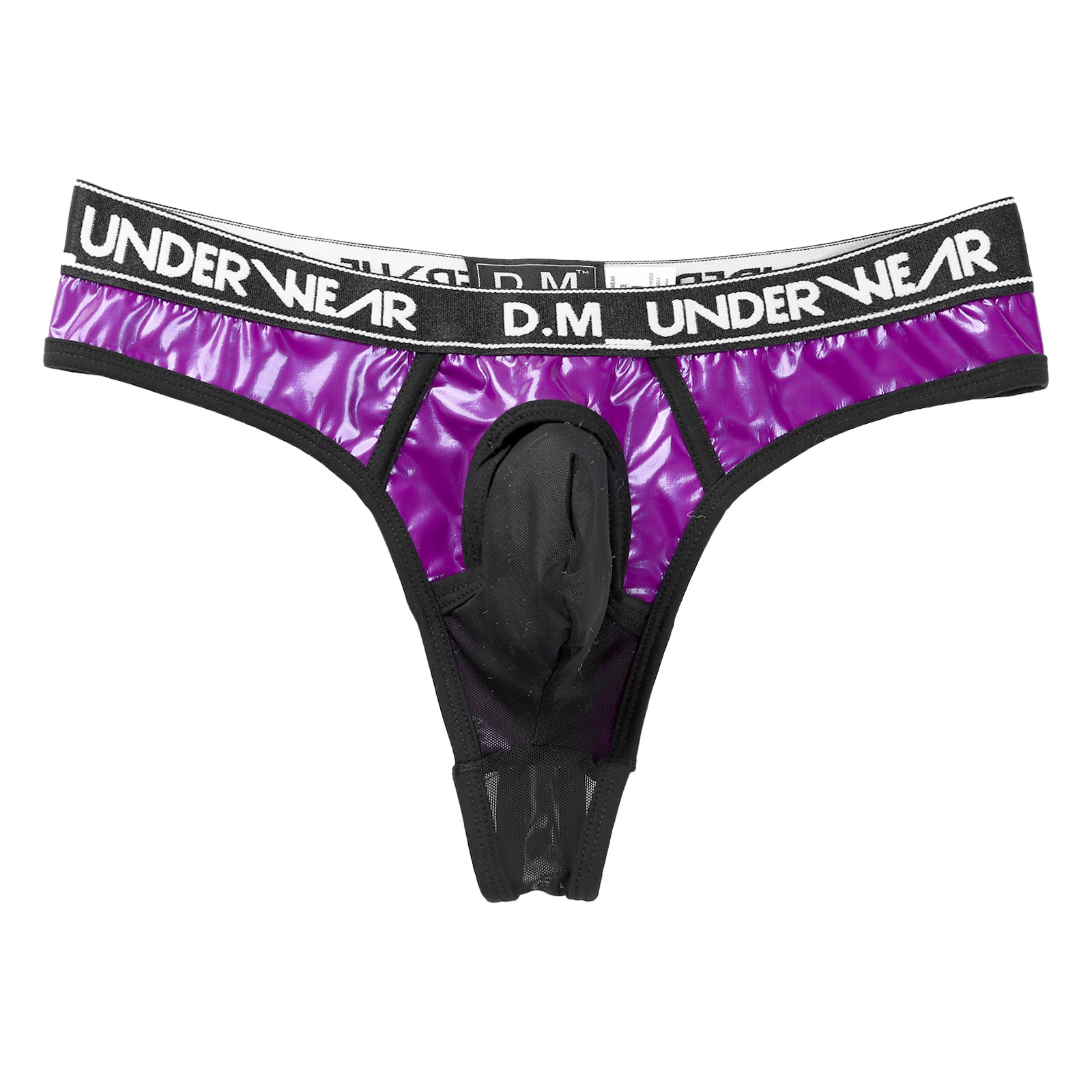 Mens Lingerie Glossy Patent Leather Patchwork Thongs Panties Sexy See-through Mesh Underwear Bulge Pouch  Low Waist Briefs 