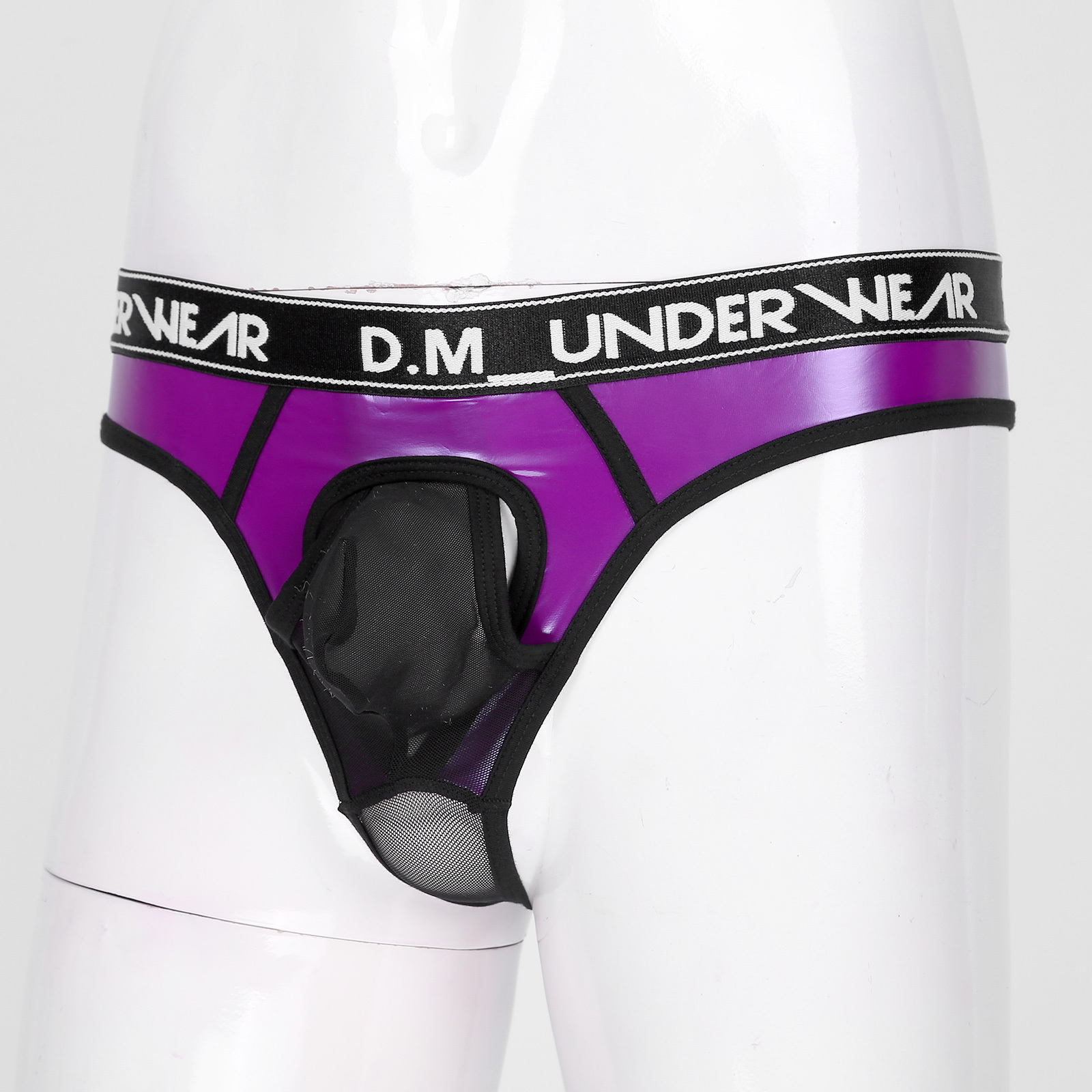 Mens Lingerie Glossy Patent Leather Patchwork Thongs Panties Sexy See-through Mesh Underwear Bulge Pouch  Low Waist Briefs 