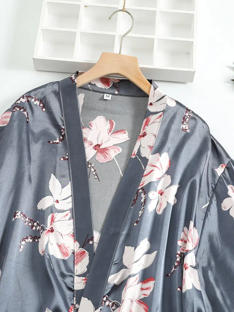 Women's Silk Satin Floral Print Short Sleeve Nightgown Lounge Robe 