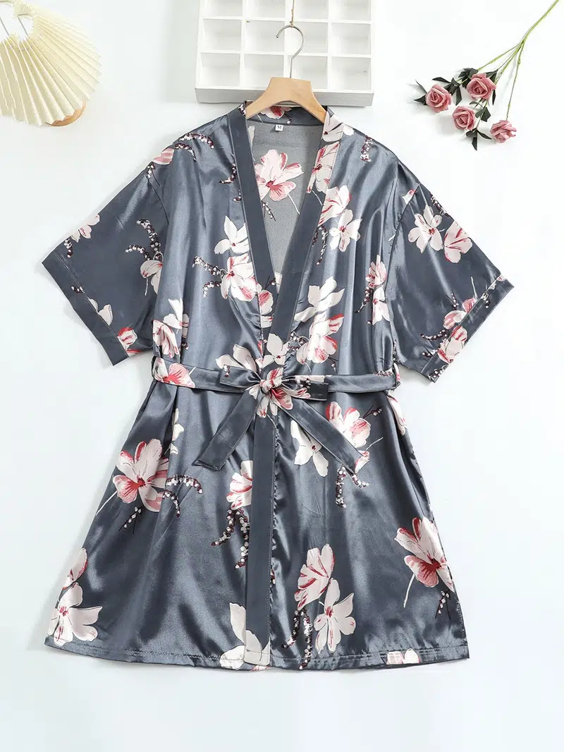Women's Silk Satin Floral Print Short Sleeve Nightgown Lounge Robe 