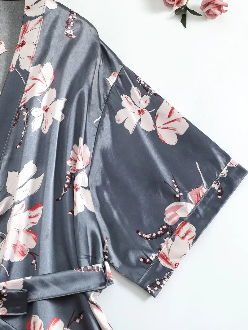 Women's Silk Satin Floral Print Short Sleeve Nightgown Lounge Robe 