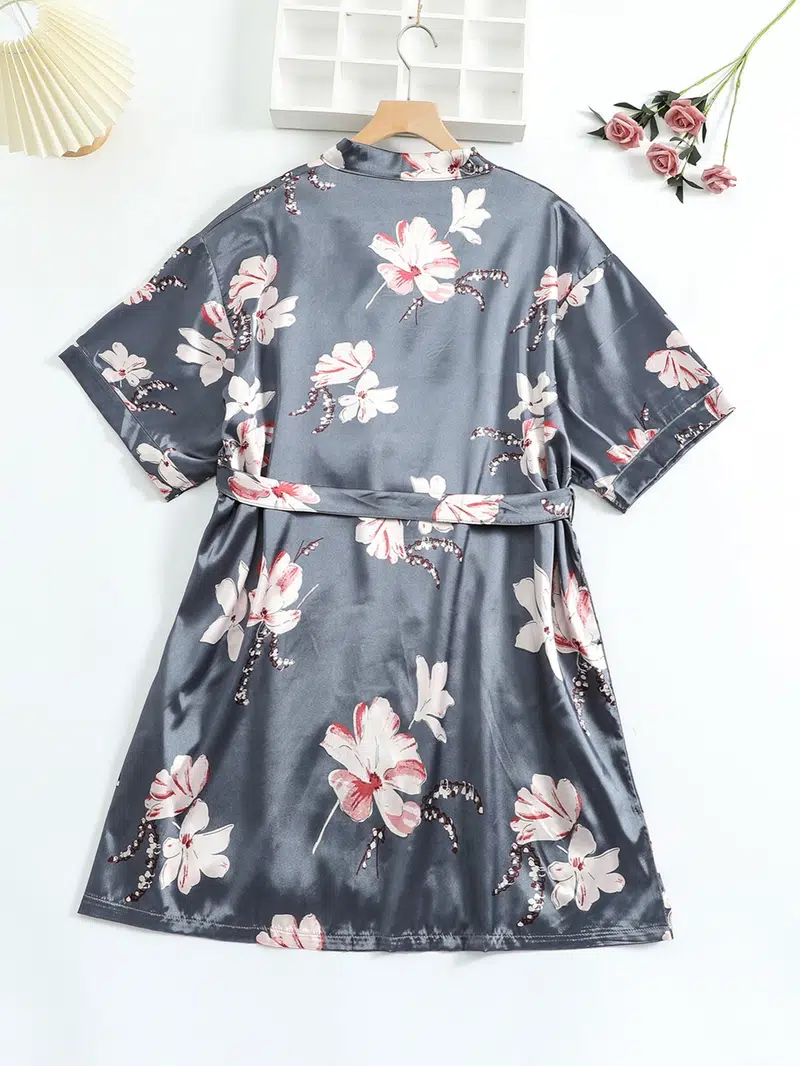 Women's Silk Satin Floral Print Short Sleeve Nightgown Lounge Robe 