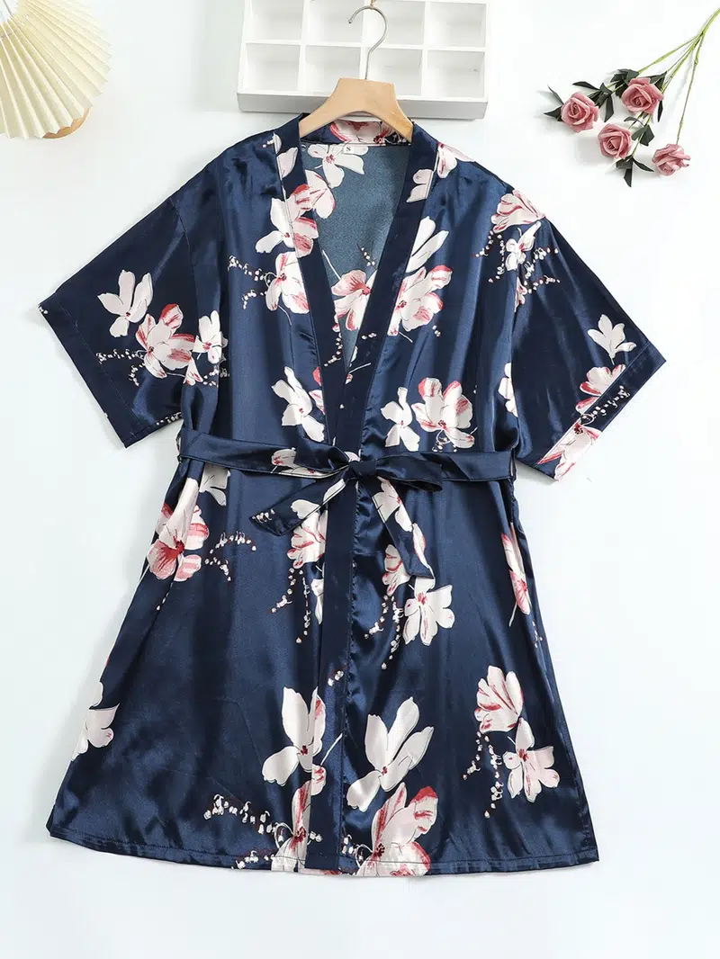 Women's Silk Satin Floral Print Short Sleeve Nightgown Lounge Robe 
