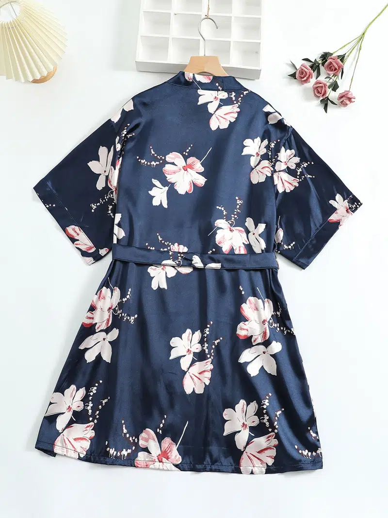 Women's Silk Satin Floral Print Short Sleeve Nightgown Lounge Robe 