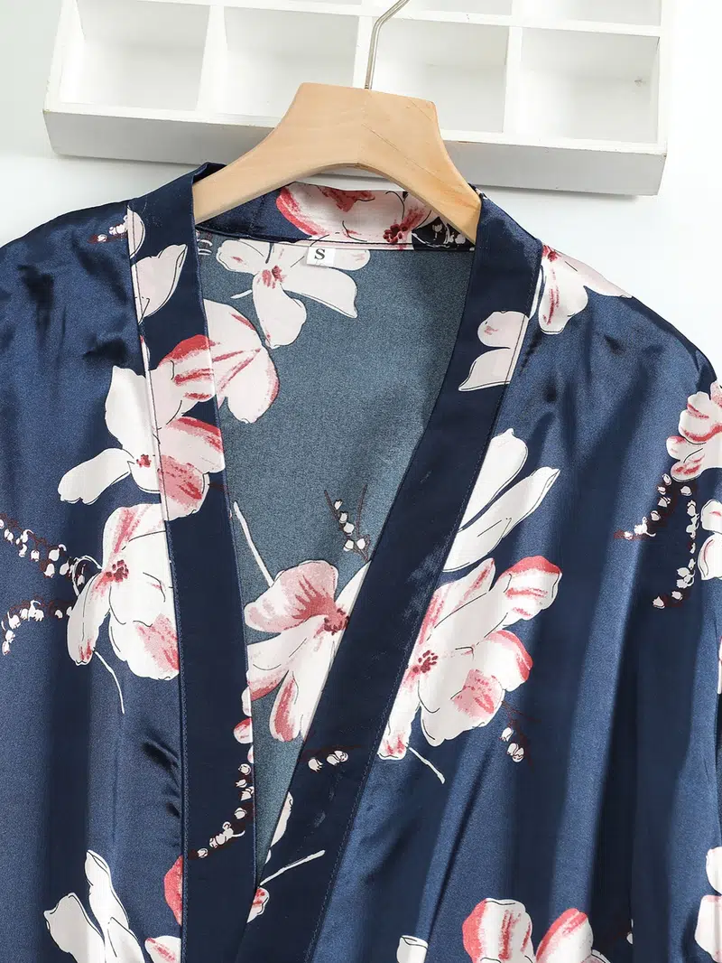 Women's Silk Satin Floral Print Short Sleeve Nightgown Lounge Robe 