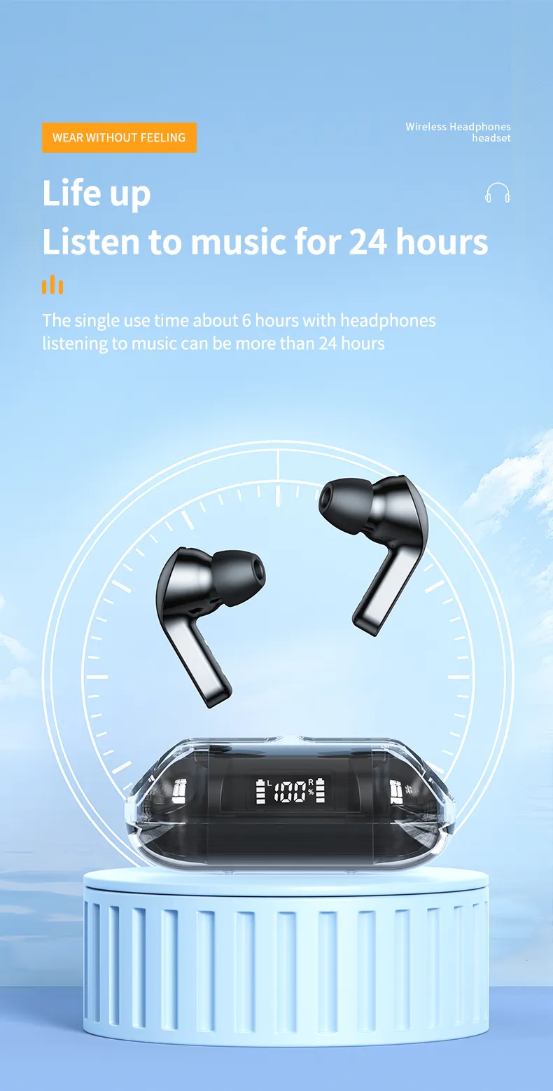 TM20 Transparent Bluetooth 5.3 Earphone Wireless Headphones LED Power Display Noise Reduction Sports Music Game Headset with Mic 