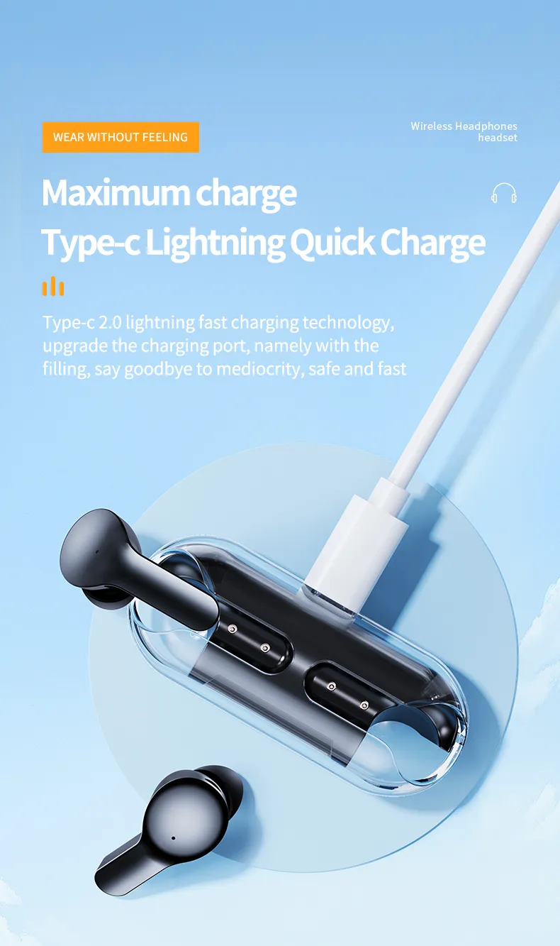 TM20 Transparent Bluetooth 5.3 Earphone Wireless Headphones LED Power Display Noise Reduction Sports Music Game Headset with Mic 