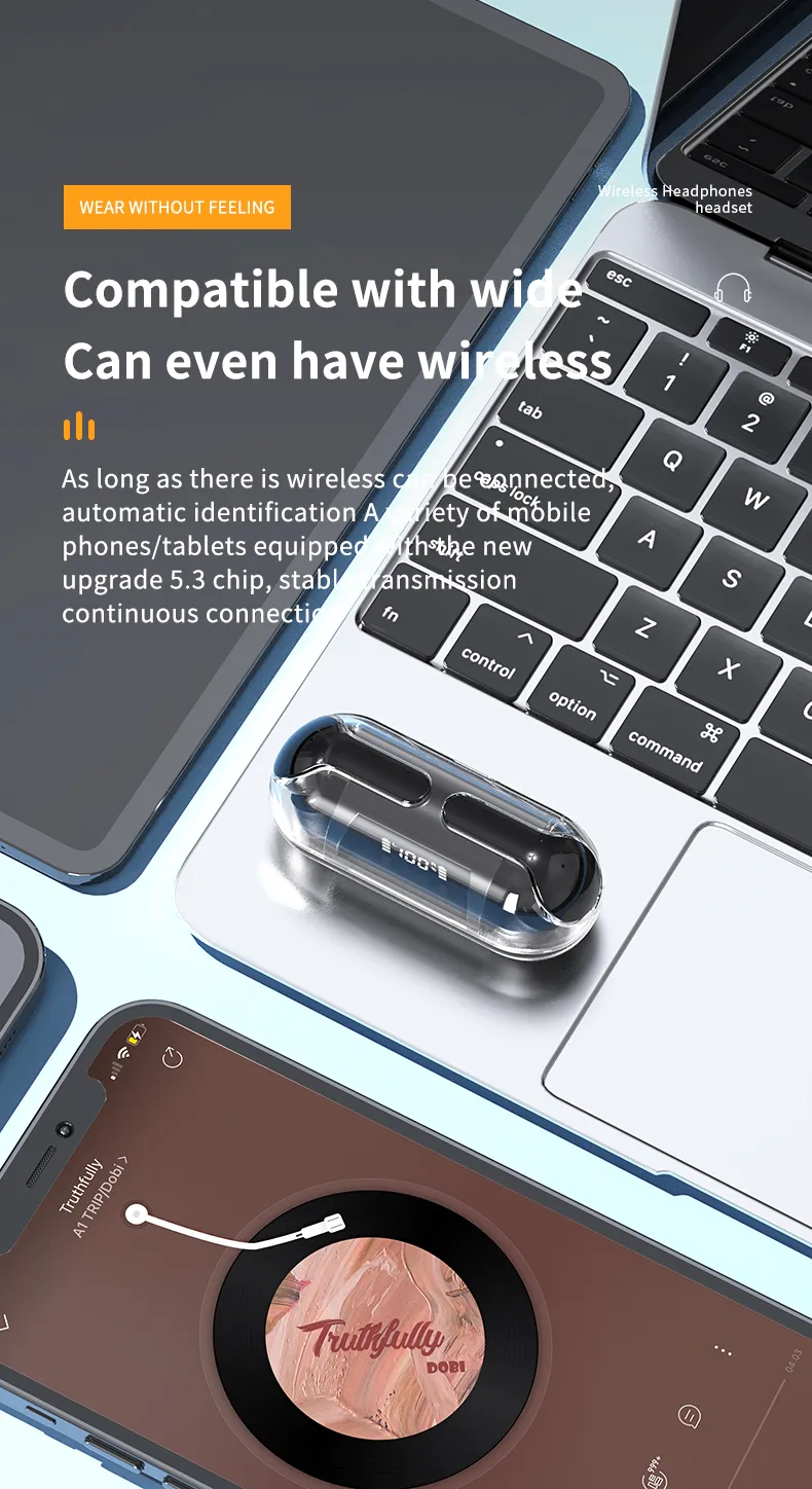 TM20 Transparent Bluetooth 5.3 Earphone Wireless Headphones LED Power Display Noise Reduction Sports Music Game Headset with Mic 