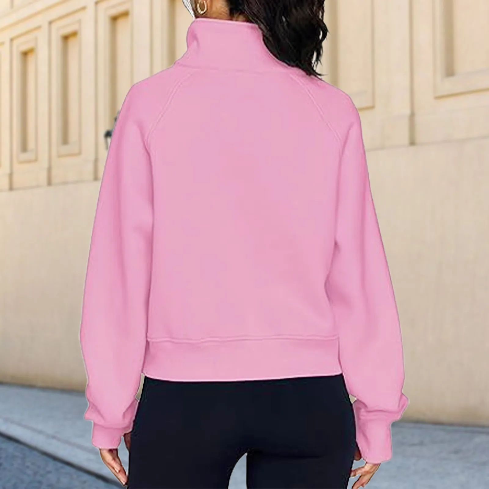 Women's Hoodies Stand Collar Cropped Pullover Half Zip Women Overzised Hoodie Thumb Hole Long Sleeve Clothes Solid Color Loose Fit Daily 