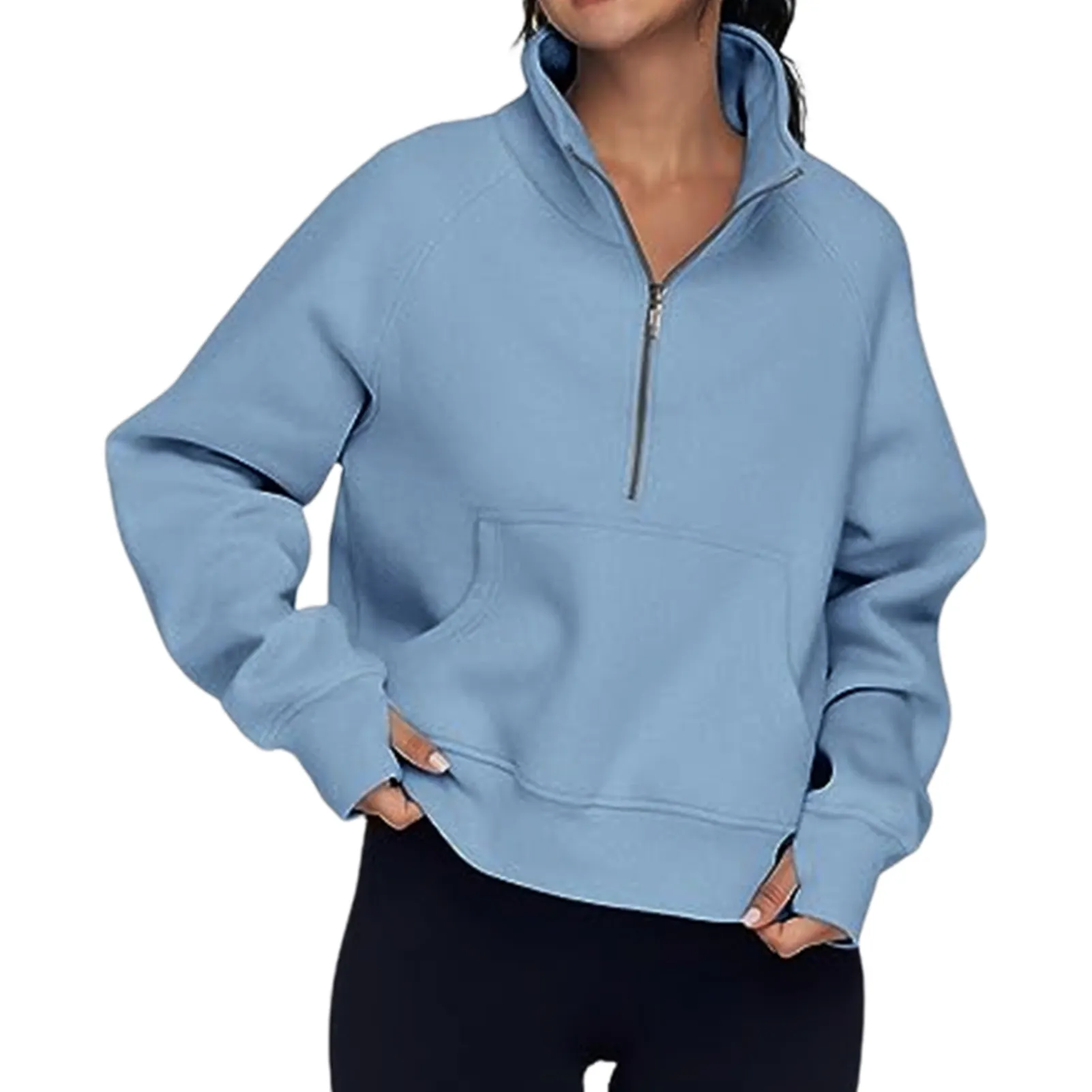 Women's Hoodies Stand Collar Cropped Pullover Half Zip Women Overzised Hoodie Thumb Hole Long Sleeve Clothes Solid Color Loose Fit Daily 