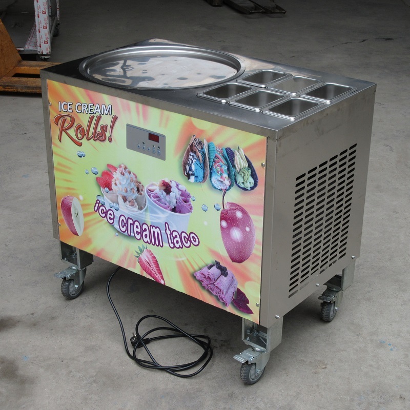 Single round 50CM pan+6 tanks fried ice cream roll machine with refrigerant