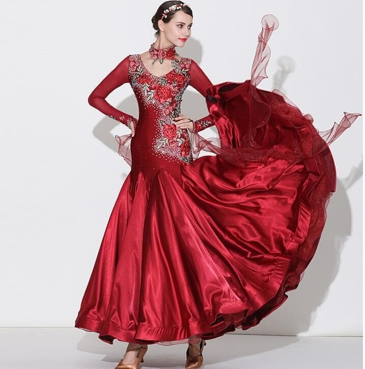 wine red Ballroom Standard Dance Dress women long sleeve Waltz