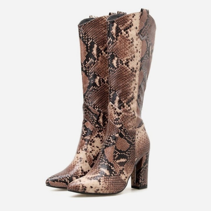 snakeskin chunky heel boots