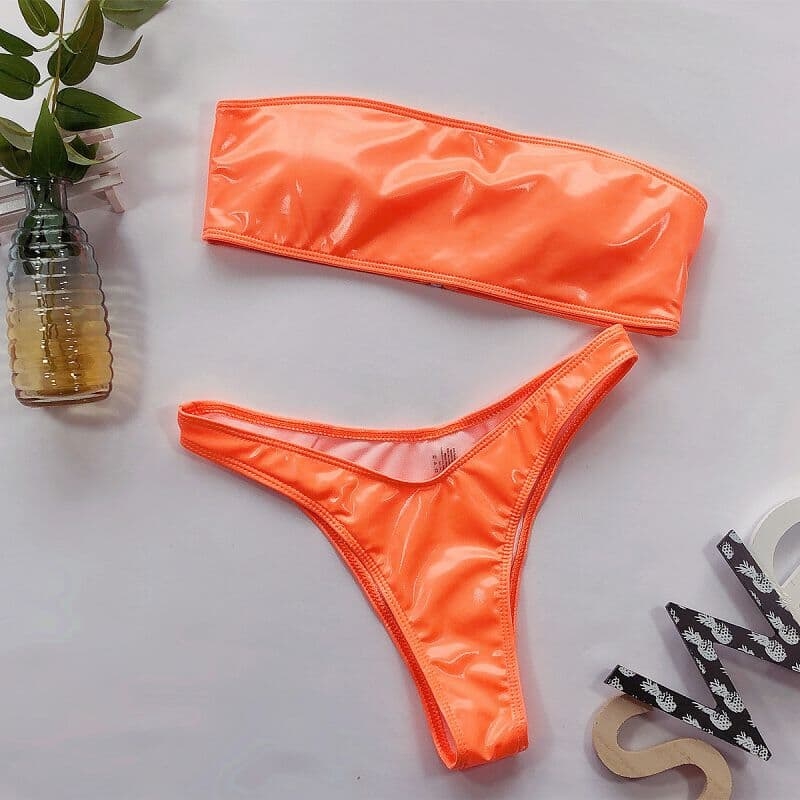 Solid Color PU Micro Swimsuits Two Piece Bikinis