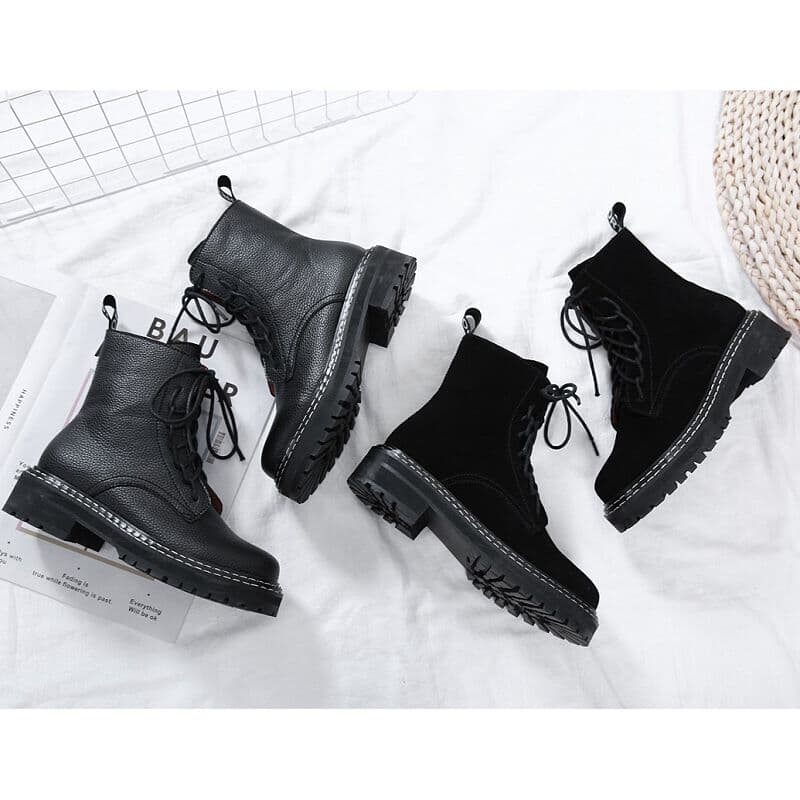 Women Black Martin Lace Up Boots Low Heels