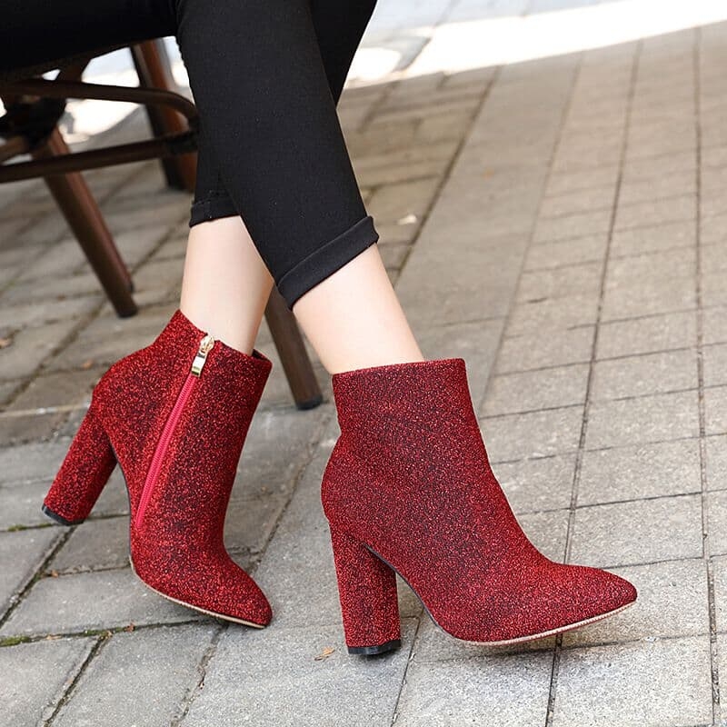 red pointed toe ankle boots
