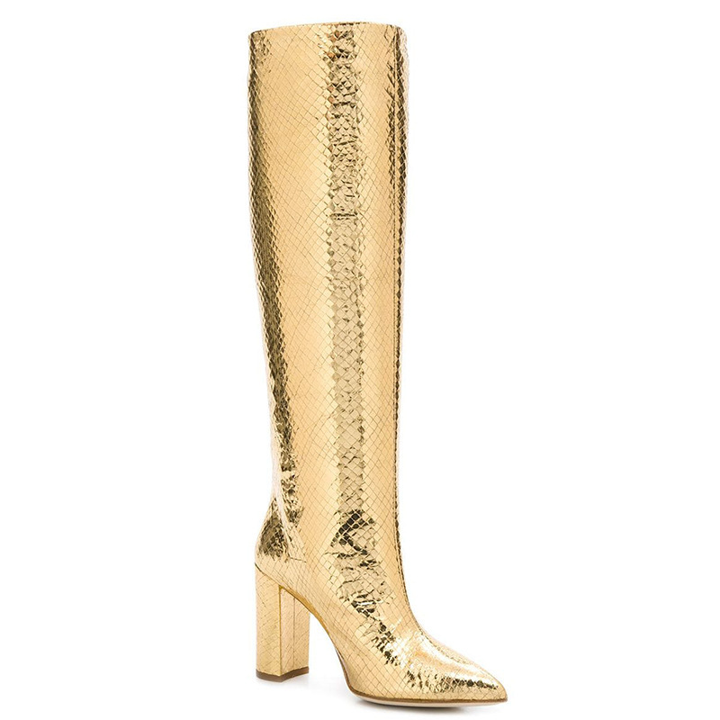 Gold Knee High Boots Silver Point Toe Chunky Heel Sequin Boots