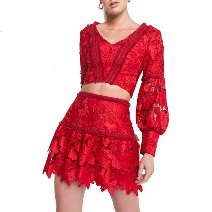 red two piece skirt and top