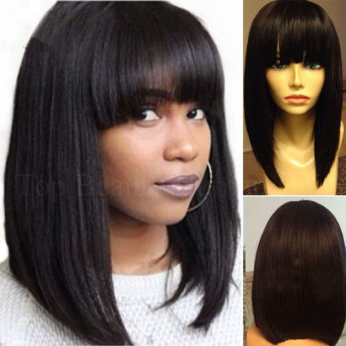 Slayedwig 13x6 Lace Front Human Hair Wigs With Bangs Short Cut Bob Wig Brazilian Remy Hair Natural Black For Women