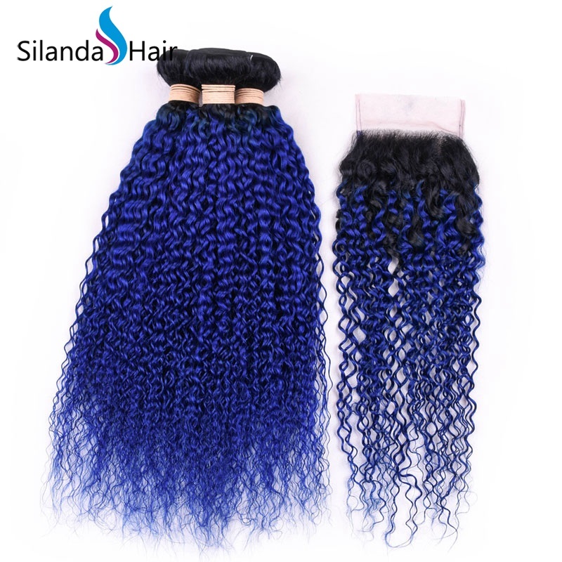 1B/Blue Kinky Curly Remy Hair Ombre Hair Bundles With Lace Closure