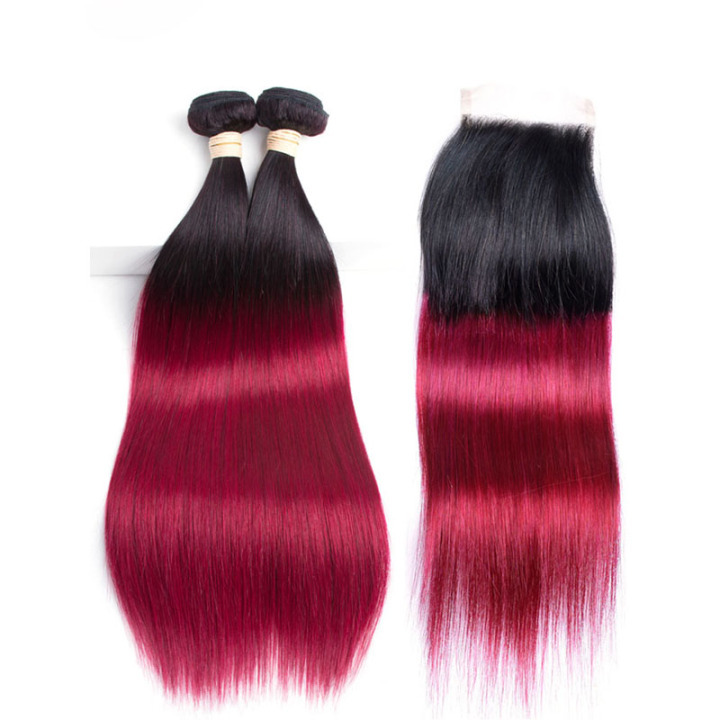  T 1B Burgundy Straight Remy Human Hair Ombre Hair Bundles With Lace Closure 4X4 JCXT 57 1605515191969 0  W720 