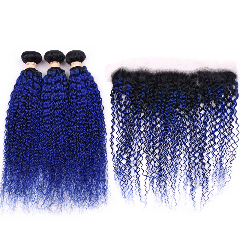 T 1B/Blue Kinky Curly Remy Human Hair Weave With Lace Frontal 13X4