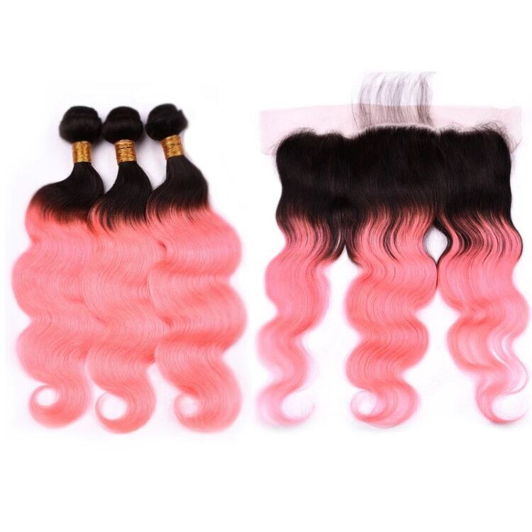 T 1B/Pink Body Wave Remy Human Hair Weave With Lace Frontal 13X4