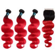 #T 1B/Red Body Wave Ombre Colored Hair Bundles With Lace Closure 4X4 JCXT-141
