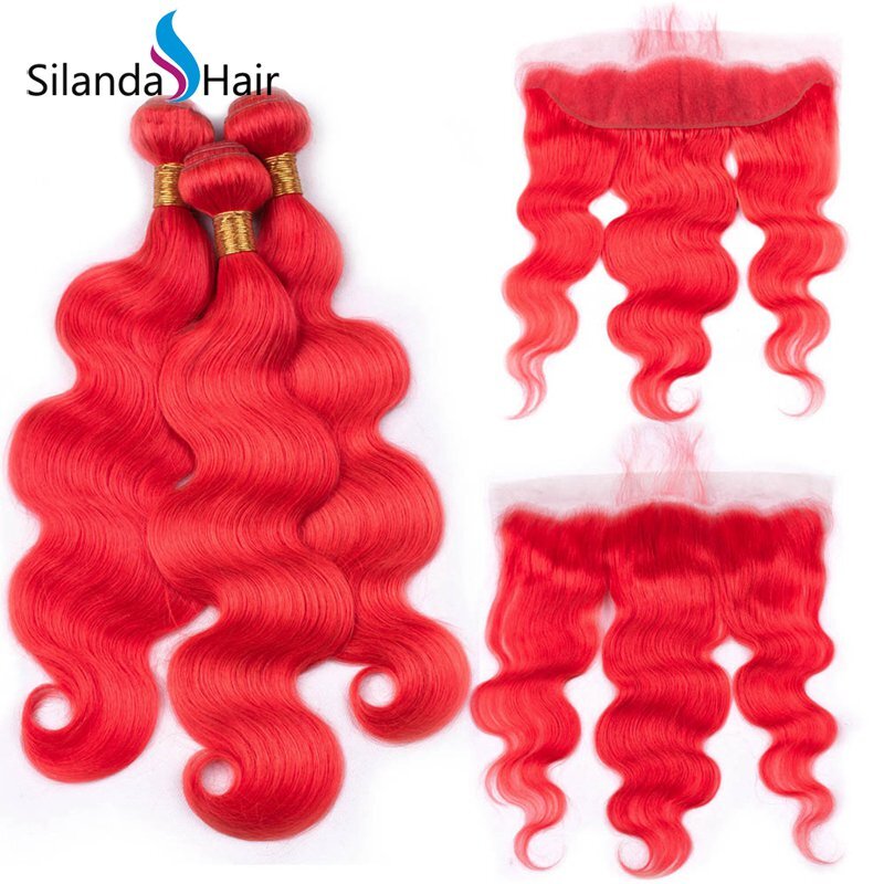 Red Body Wave Remy Human Hair Weaving Bundles With Lace Frontal 13X4 JXCT-31