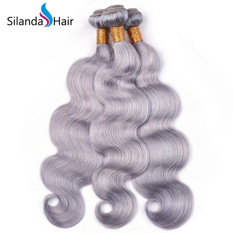 Grey Body Wave Remy Human Hair Weaving Bundles With Lace Frontal 13X4 JXCT-225