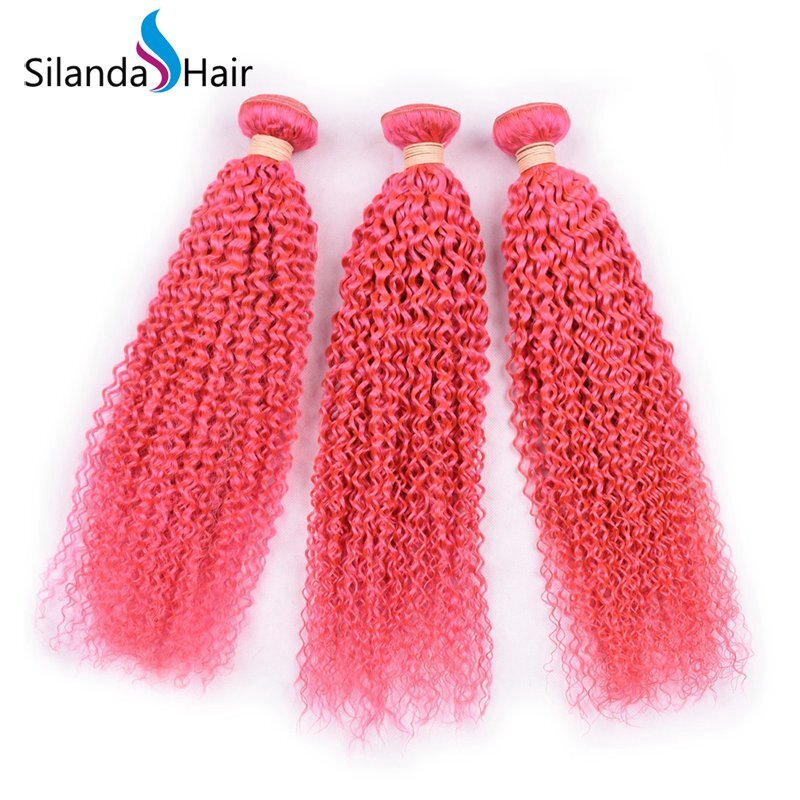 Pure Colored Pink Kinky Curly Remy Human Hair 3 Bundles