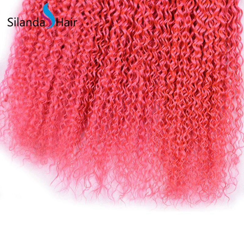 Pure Colored Pink Kinky Curly Remy Human Hair 3 Bundles