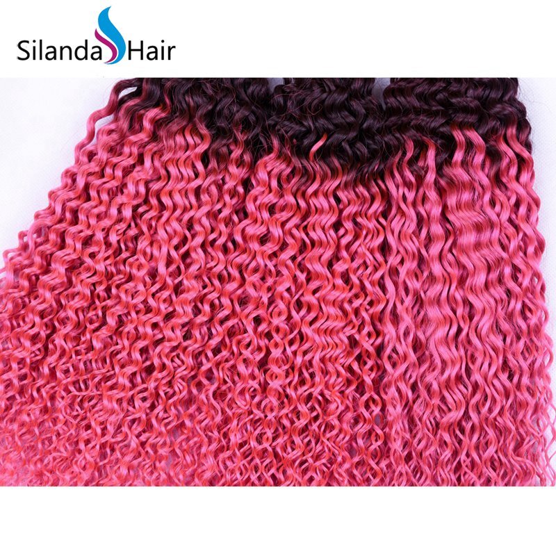 Top Grade #T 1B/Pink Kinky Curly Remy Human Hair Ombre Hair Bundles