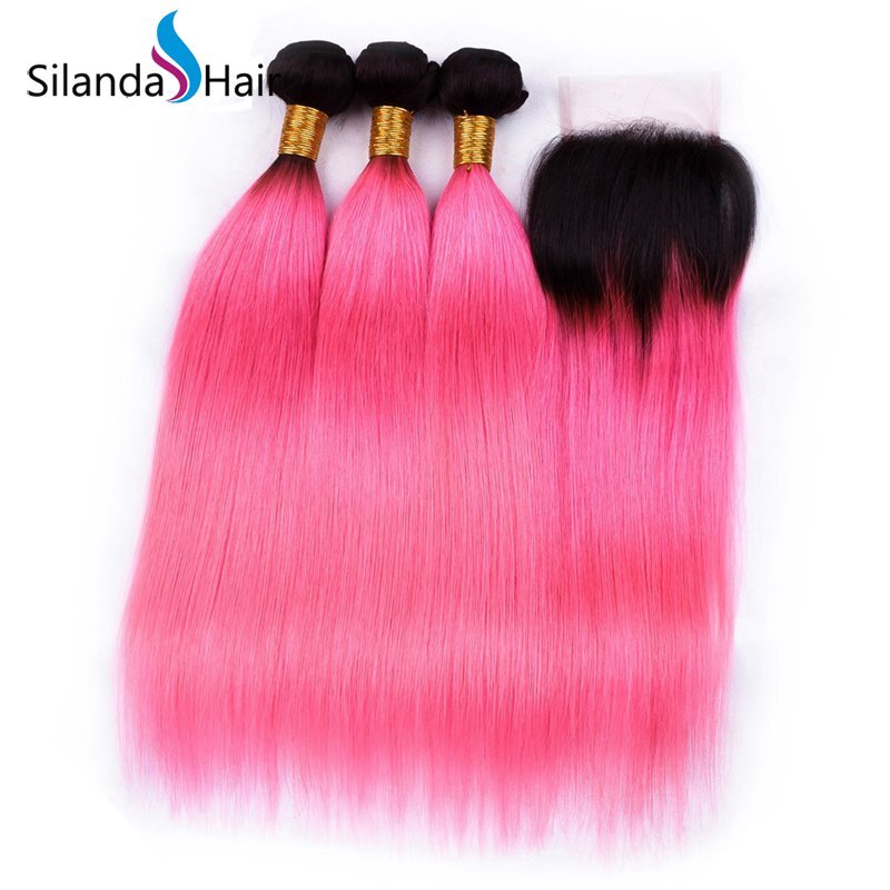 #T 1B/Pink Straight Remy Human Hair Ombre Hair Bundles