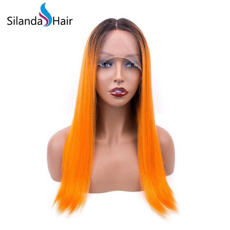 Silanda Hair Good Quality Ombre #T 1B/Orange Straight Brazilian Remy Human Hair Lace Front Full Lace Wigs