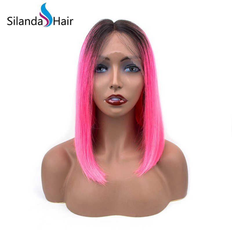 Silanda Hair High Quality Ombre #T 1B/Pink Straight BOB Brazilian Remy Human Hair Lace Front Full Lace Wigs