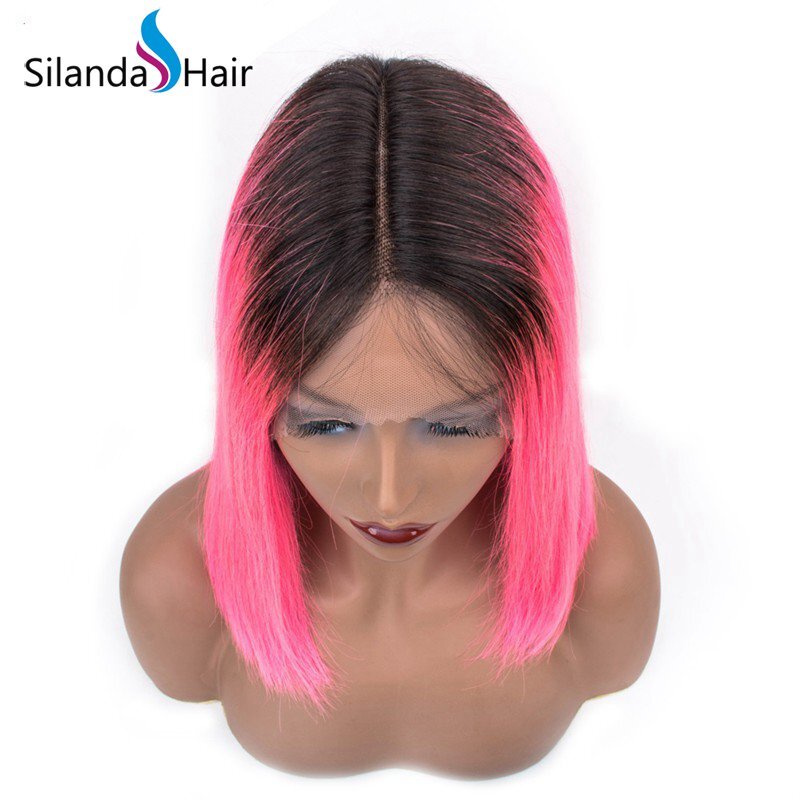 Silanda Hair High Quality Ombre #T 1B/Pink Straight BOB Brazilian Remy Human Hair Lace Front Full Lace Wigs