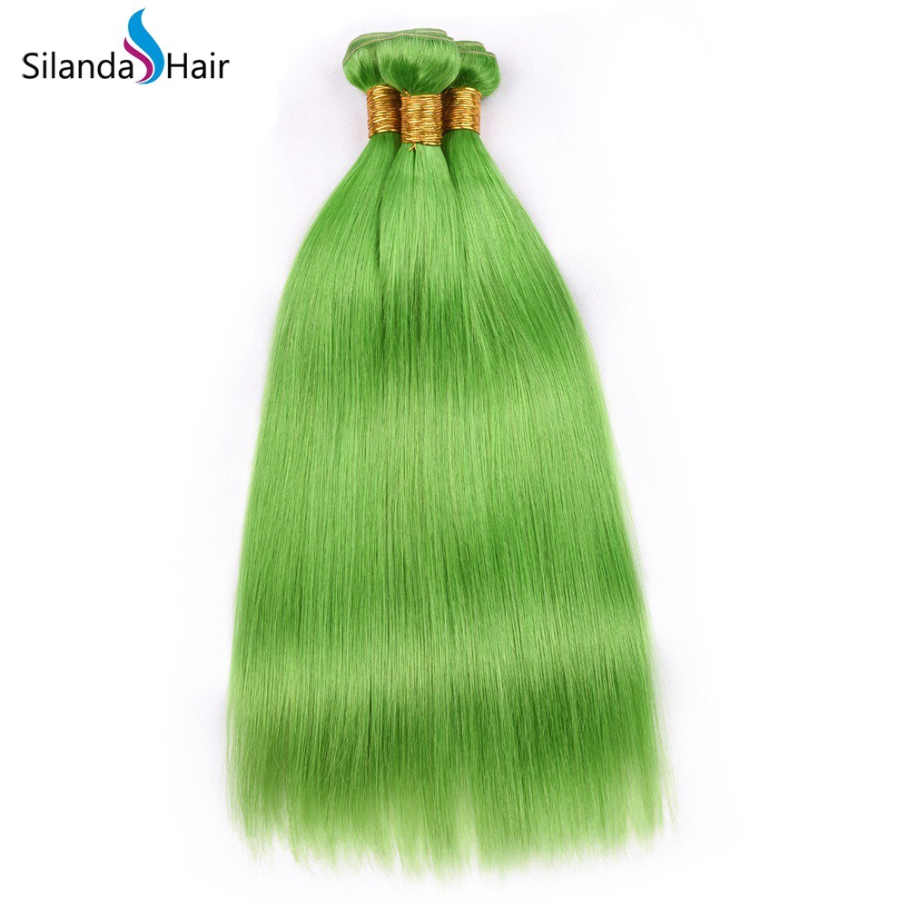 Silanda Hair Pre Colored Light Green Brazilian Remy Human Hair Weaving Weft Straight Hair Weaves 3pcs/pack