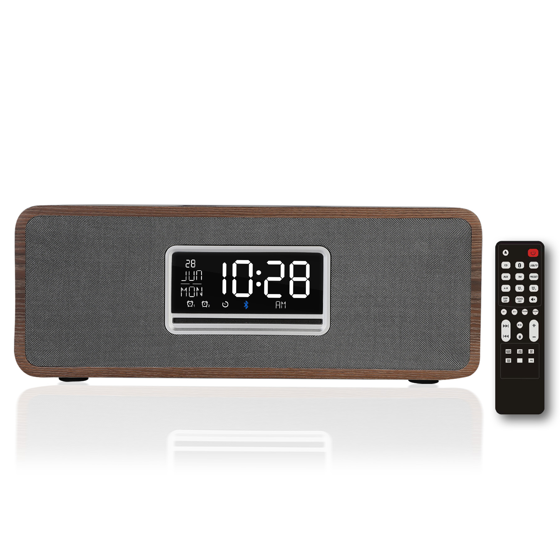 KEiiD Boombox Clock CD Player, Wooden Desktop Speakers Stereo 