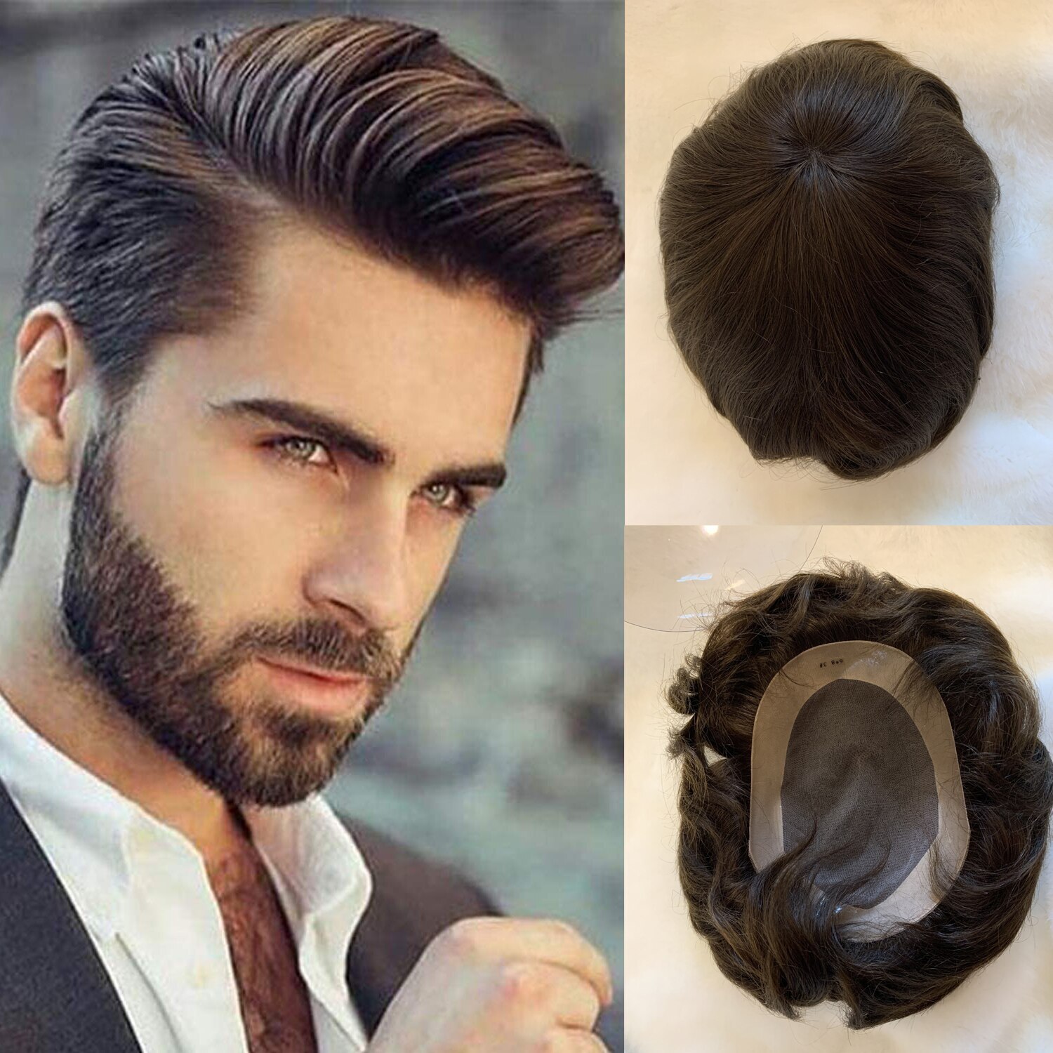 Hair toppers for thinning hair on top of head and European Human Hair Pieces for Men with 10" x 8" Super Thin French Lace,#1B Off Black Hair toppers for thinning hair on top of head and Human Hair Toupee for Men