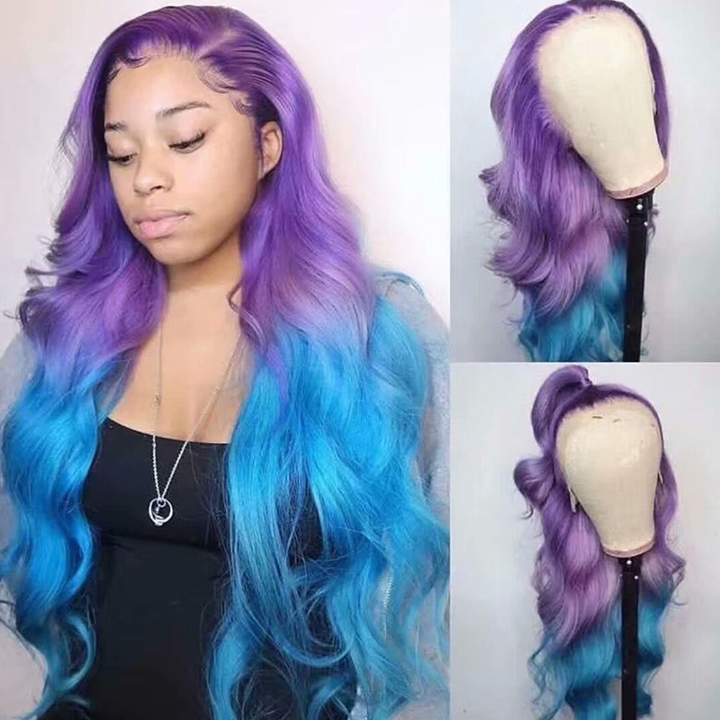 QDBeauty Hair Ombre Colour purple/glue Wavy Long Wigs 13*4 lace front Human Hair Wigs Two Tone