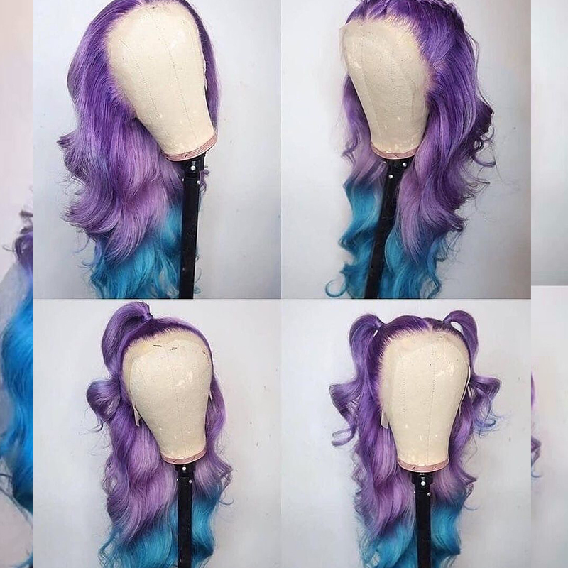 QDBeauty Hair Ombre Colour purple/glue Wavy Long Wigs 13*4 lace front Human Hair Wigs Two Tone