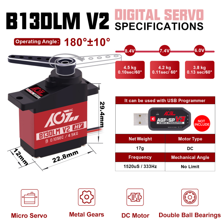 AGFRC B13DLM V2 4.5KG HV Aluminum Case Gear Micro Digital Servo AGFRC B13DLM V2 4.5KG HV Aluminum Case Gear Micro Digital Servo