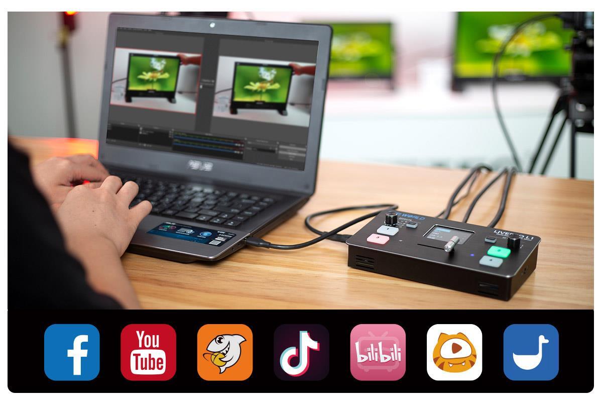 with USB Cable + Adapter Feelworld Live PRO L1 Multiformat Video Mixer Switcher 2 Inch LCD Display 4X HDMI Input USB3.0 Live Streaming/Camera Production/Live Broadcast 