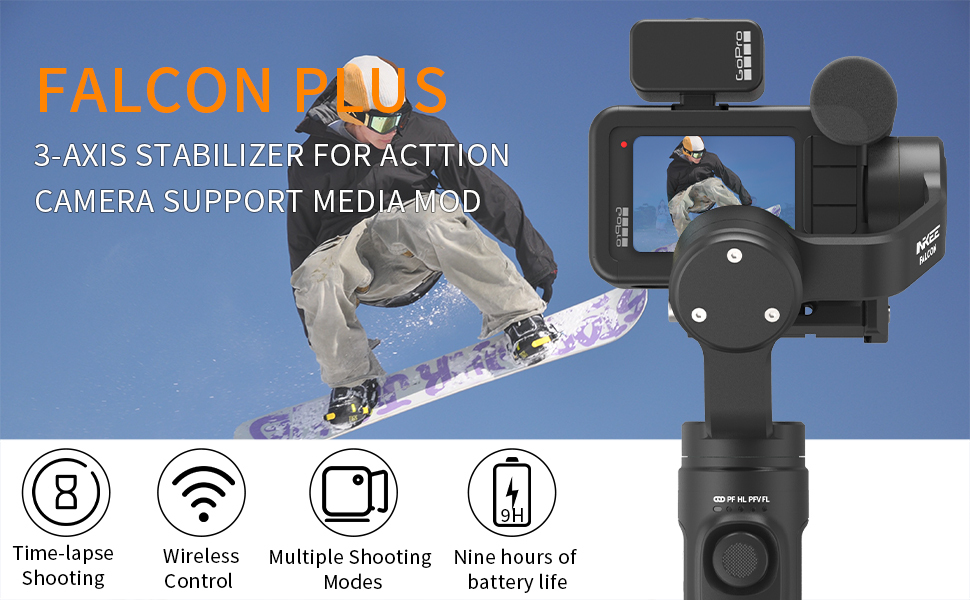 INKEE Falcon Plus Action Camera Gimbal Stabilizer Compatible with GoPro  Hero 12/11/10/9/8/7/6/5, OSMO Action,Insta360,Support GoPro Media Mod 9H