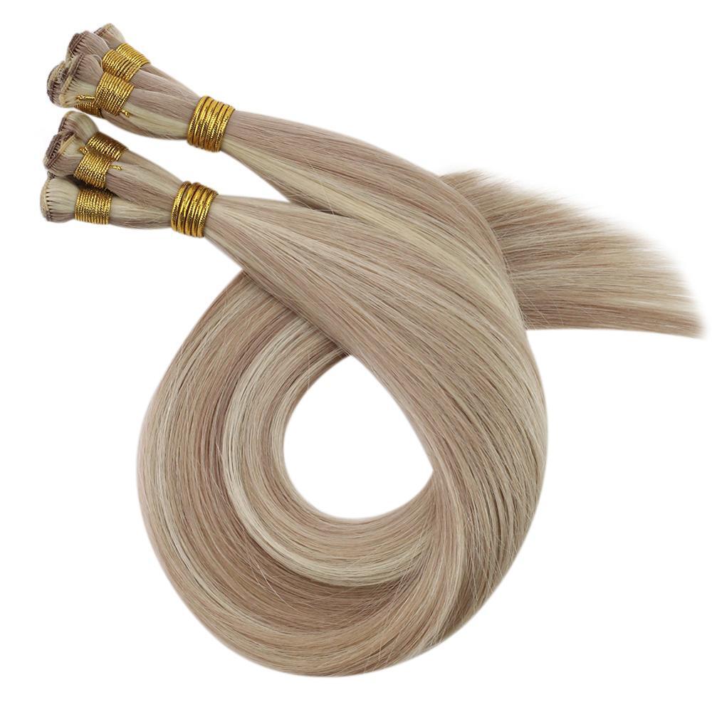 Hand Tied Hair Wefts 100% Virgin Human Hair Straight Invisible Brazilian Blonde Handmade
