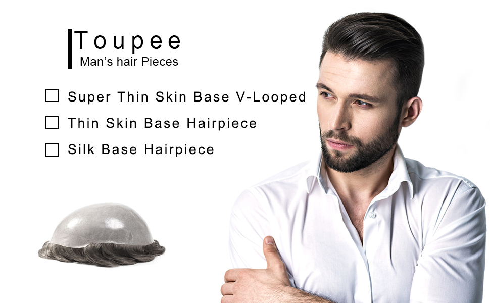 Toupee for Men Hair Replacement System European Human Hairpieces Thin V-looped Skin Base Men-Hair-Toupee-Thick-Hair