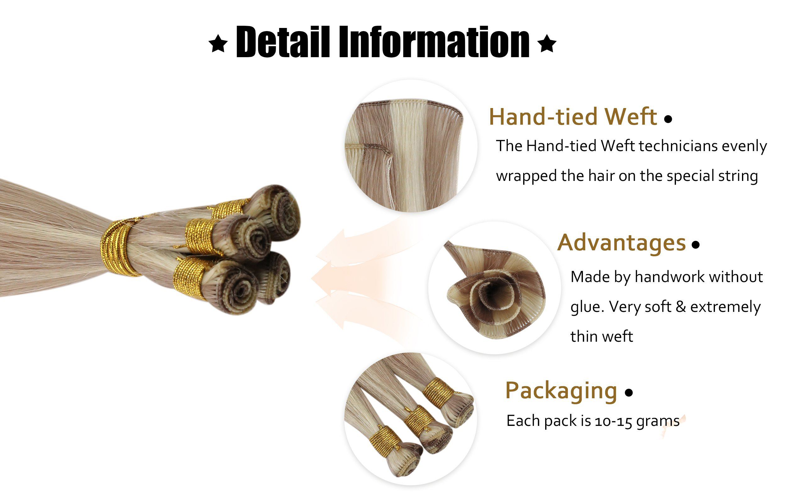 Unprocessed Cuticle Aligned Human Hair Hand Tied Weft Double Drawn European Hair Extensions 