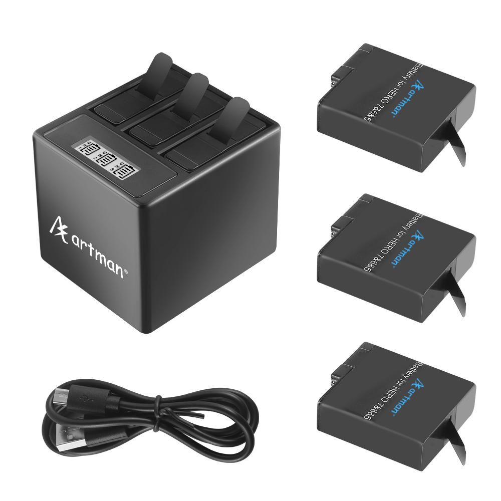 New Replacement Battery 3-Channel Charger for GoPro Hero 5 Hero 6 2 Pack 7 